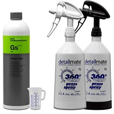 Abbildung von detailmate Set Koch Chemie Green Star Universalreiniger 1L + 2 x Made by Kwazar Mercury Super PRO+ 360 Grad Sprühflasche. Double Action Trigger, 1 Liter/Skalierter Messbecher 50 ml
