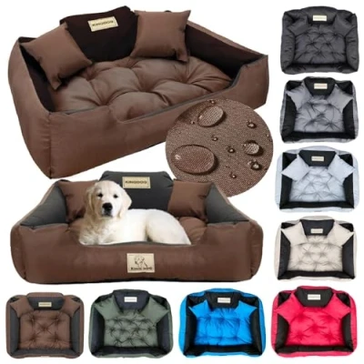 Abbildung von KING DOG Hundebett Mittelgroße Hunde Waschbar M 75 x 65 cm Hundekissen Haustierbett Hundekorb Personalisiert Name des Hundes Wasserdichtes Material Silikon Füllung Braun