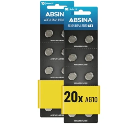 Abbildung von ABSINA AG10 LR1130 Knopfzelle 20er Pack 1,5V Alkaline Knopfzellen auslaufsicher &amp; mit Langer Haltbarkeit LR54 / V10GA RW49 G10A 189 GP189 L1130 89A Knopfbatterien Batterien Batterie