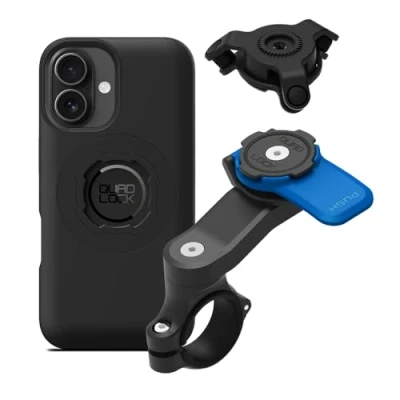 Abbildung von Quad Lock Lenker Motorrad Handyhalterungs Set mit Vibrationsdämpfer und iPhone 16 MAG Handyhülle