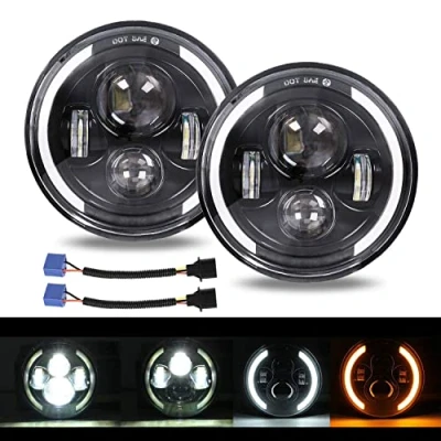 Abbildung von Paar 7&quot; LED Arbeitslicht 200W 20000LM 4 Linsen Angel Eyes 3000K+6000K Modi Beleuchtung Runde schwarze Lichter Offroad Feuer Kreuz DRL HI LO Strahl für Wrangler JK TJ LJ CJ Ha ley Hum mer
