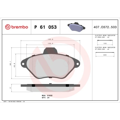 Abbildung von BREMBO P 61 053 Bremsbelagsatz inkl. Verschleißwarnkontakt ohne Zubehör CITROËN: Xantia Kombi, Schrägheck
