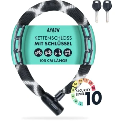 Abbildung von AARON Cobra Fahrradschloss mit Schlüssel, 105cm Kettenschloss aus Stahl und hoher Sicherheitsstufe, Schloss für E Bike, Mountainbike, Trekkingrad, Tourenrad, Rennrad in schwarz