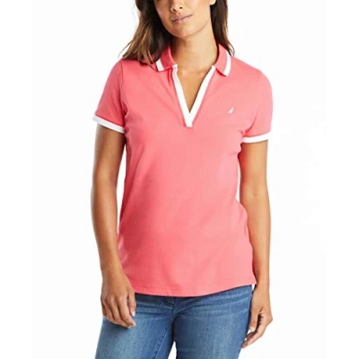 Abbildung von Nautica Damen Klassische Passform, gestreifter V Ausschnitt, Stretch Baumwolle Polohemd, Rouge Pink, Groß