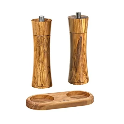 Abbildung von ZASSENHAUS Salz /Pfeffermühle Set Frankfurt Olivenholz 18 cm mit Untersetzer Manuell, Salzmühle Pfeffermühle Keramikmahlwerk