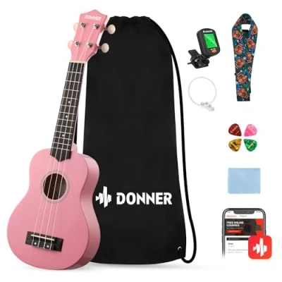 Abbildung von Donner Ukulele für Anfänger Sopran Kit 21 Zoll Pink mit Nylon Saiten Hawaii Gitarre