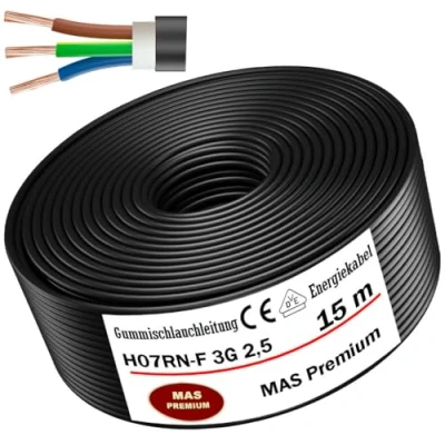 Abbildung von MAS Premium 5 100m Gummischlauchleitung Energiekabel Baustellenkabel H07RN F 3G 1, 1,5, 2,5, 4, 6, 10 oder 3x 1,5 Flexibel Leitung für schweren Geräten (H07RN 3G2,5 mm², 15m)