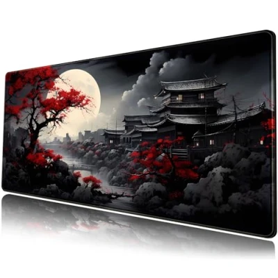 Abbildung von Riverside Vollmond Schreibtischunterlage, japanische Schwarz/Rot, großes Mauspad, Gaming erweitertes XXL Tastatur Pad, 80 x 30 cm, Laptop, Computer, Maus, Tastatur,