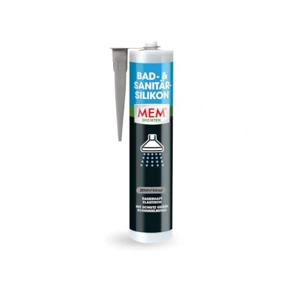 Abbildung von MEM Bad &amp; Sanitär Silikon, Dauerhaft elastischer Silikon Dichtstoff mit Schutz gegen Schimmelbefall, Im Innen und Außenbereich, Gebrauchsfertig, Lösemittelfrei, 300 ml Kartusche, Zementgrau