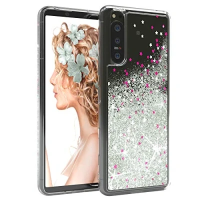 Abbildung von EAZY CASE Hülle kompatibel mit Sony Xperia 5 II (5G) Schutzhülle Flüssig Glitzer, Handyhülle, Schutzhülle, Back Cover Glitter Flüssigkeit, TPU/Silikon, Transparent/Durchsichtig, Silber