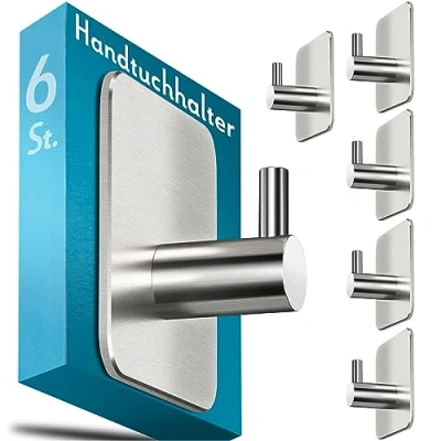 Abbildung von Menz Handtuchhalter ohne Bohren, 6 Stück Handtuchhaken Bad Edelstahl, wasserfeste Klebehaken, stilvolle Haken selbstklebend als Wandhaken