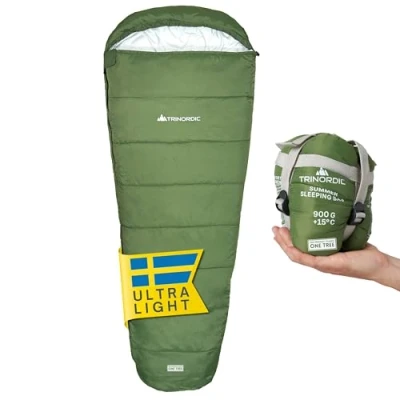 Abbildung von Trinordic 900g Ultraleicht Sommerschlafsack XL kleines Packmaß mit Anti Klemm Reißverschluss Mumienschlafsack Outdoor für Erwachsene, ideal Camping, Wandern &amp; Bikepacking