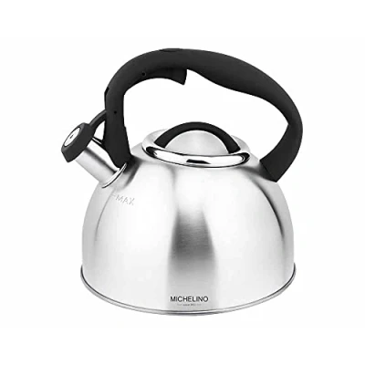 Abbildung von Michelino Wasserkessel Flötenkessel 2,5 Liter, Edelstahl (1 mit klappbarer Pfeife), Teekessel Pfeifkessel
