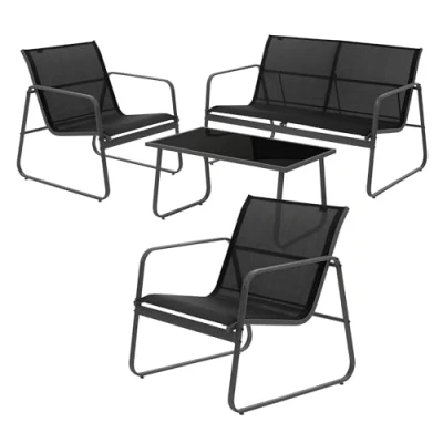 Abbildung von ML DESIGN Gartenliege Balkonmöbel Set aus Stahl &amp; Textilene für 4 Personen, St., Garten Sitzgruppe Schwarz mit Glastisch Sofa und 2 Sesseln wetterfest