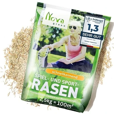 Abbildung von Rasensamen schnellkeimend 2,5kg = 75 100m² Sport und Spiel Frühjahr Premium SEHR GUT getestet trockenresistent Ideal für Neuansaat Nachsaat