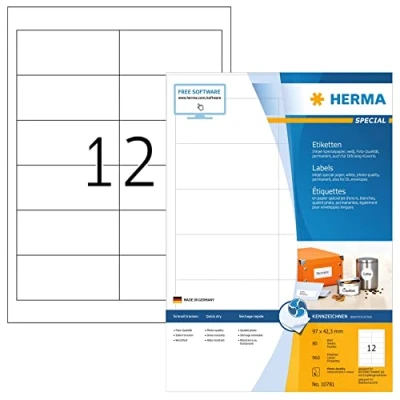 Abbildung von HERMA 10781 Adressetiketten für Inkjet Drucker, 80 Blatt, 97 x 42,3 mm, 12 pro A4 Bogen, 960 Stück, selbstklebend, bedruckbar, matt, blanko Adressaufkleber Etiketten Tintenstrahldrucker, weiß