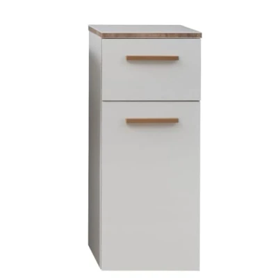 Abbildung von Pelipal Badezimmerschrank Quickset 931 in Weiß Glanz / Kante Riviera Eiche, 30 cm breit Unterschrank mit 1 Tür, Schubkasten und Einlegeboden