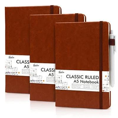 Abbildung von feela Notizbücher, Tagebücher mit 3 schwarzen Stiften, A5, Hardcover, Notizbuch, klassisch, liniert, Tagebuch Set Stifthalter für Arbeit, Geschäftsjournaling, Notizen, 120 g/m², 13x21.1 cm, Braun