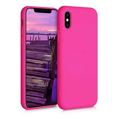 Abbildung von kwmobile Hülle kompatibel mit Apple iPhone XS gummierte TPU Silikon Handyhülle Schutzhülle für kabelloses Laden Case in Neon Pink