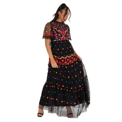 Abbildung von Maya Deluxe Damen Women&#039;s Ladies Maxi Dress Short Sleeve High Neck Embroidered Ruffle Frilly Tulle A line for Occasion Evening Ball Gown Kleid, Black,