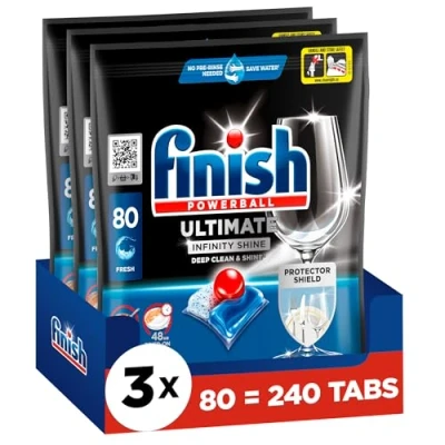 Abbildung von Finish Ultimate Infinity Shine Spülmaschinentabs Geschirrspültabs für Tiefenreinigung, Fettlösekraft und Glanz mit Schutzschild 240 Caps (3x80 Caps)