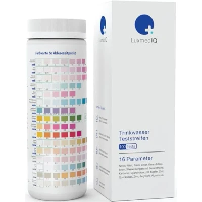 Abbildung von LuxmedIQ Trinkwassertest 16in1 Wassertester Trinkwasser Teststreifen zur Wasserqualitätsprüfung, 16 Messparameter, 100 tlg., Medizinische Präzision, Schneller Ergebnisse, Einfache Anwendung