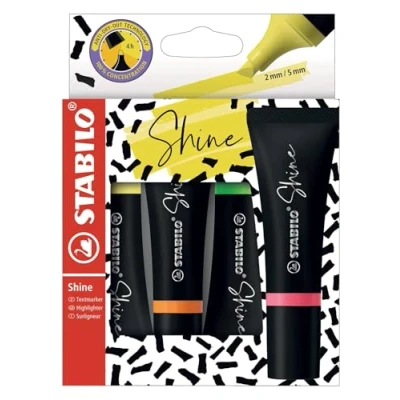 Abbildung von Textmarker im Tubendesign STABILO Shine 4er pack gelb, orange, grün, pink
