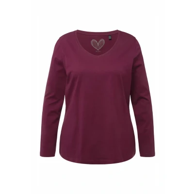 Abbildung von Ulla Popken GRÖSSEN BIS Basic Vausschnitt Reine Langarmshirt, Damen, Größe: 62/64, Dark berry