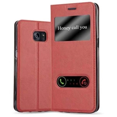 Abbildung von Cadorabo Hülle kompatibel mit Samsung Galaxy S7 Edge Sichtfenster aus Kunst Leder Flip Klappbare Stoßfeste Magnetische [Standfunktion] [Kartenfächern] Cover für Tasche in Rot