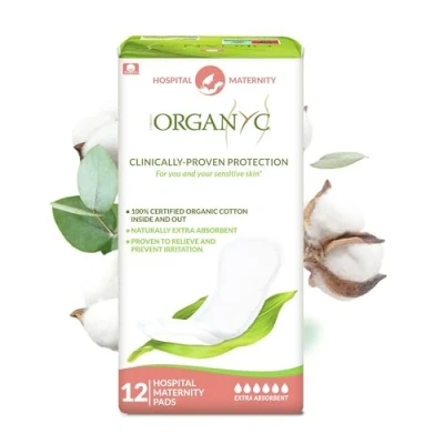 Abbildung von Organyc 100% zertifizierte Bio Baumwoll Schwangerschaftseinlagen für empfindliche Haut ideal die ersten Tage, Packung mit 12