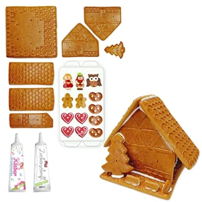 Abbildung von Lebkuchenwelt Lebkuchenhaus Bastelset mit Bastel Anleitung ca. 17x17x18 cm inkl. Zuckerfiguren Zuckerguss Tube &amp; Lebensmittelkleber 650g Lebkuchen Knusperhäuschen selber bauen verzieren
