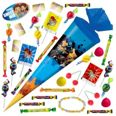 Abbildung von OYOY Schultüte gefüllt mit Süßigkeiten Mix I Quad 35 cm kleine fertig Geschwister Zuckertüte klein Einschulung Geschenk