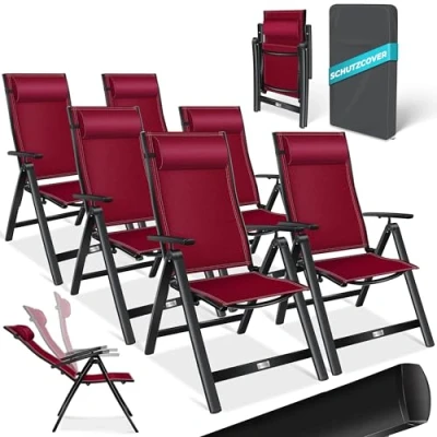 Abbildung von KESSER® Gartenstuhl Hochlehner mit Armlehnen 6er Set Aluminium Klappstuhl Kopfkissen &amp; Cover Campingstuhl 7 Fach Verstellbar Rückenlehne Atmungsaktiv Wetterfest Klappbar Anti Rutsch Bordeaux