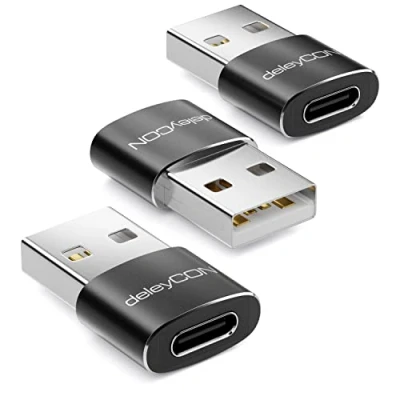 Abbildung von deleyCON USB C auf Adapter [3 Stück] Buchse A Stecker 2.0 für PC Computer Laptop Notebook Aluminium Schwarz