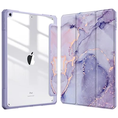 Abbildung von Fintie Hybrid Schutzhülle für iPad 9. / 8. 7. Generation (2021/2020/2019) 10,2 Zoll [Eingebauter Stifthalter] Stoßfeste Abdeckung mit klarer transparenter Rückschale, lila Marmor
