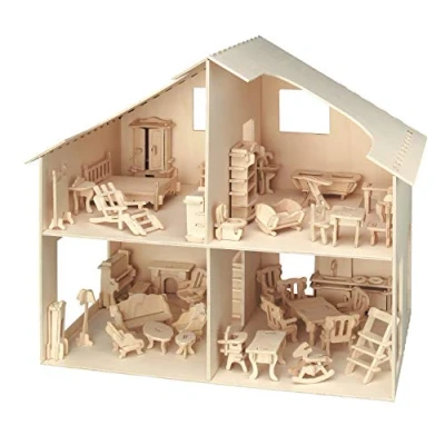 Abbildung von Pebaro 3D Puzzle Holzbausatz Puppenhaus mit Möbeln, 880, 252 Puzzleteile