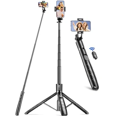 Abbildung von 179cm Handy Stativ für Smartphone, Stabil und Tragbar Aluminium Selfie Stick Stativ, Handystativhalter mit Fernauslöser Kompatibel iPhone/Galaxy/Huawei/Camera, Perfekt Selfies/Videoaufnahmen
