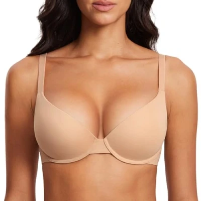 Abbildung von DOBREVA Damen Push Up Bügel BH Soft T Shirt BHS mit Licht Gepolstert Komfort Sexy Warmes Beige 80E