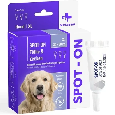Abbildung von Vetasan Spot ON für Hunde 30 50kg (XL) gegen Flöhe &amp; Zecken 3 Monate Schutz HOCHWIRKSAM Zeckenmittel Zeckenschutz Hundeflohmittel