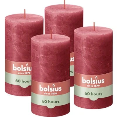 Abbildung von Bolsius Rustik Stumpenkerzen Rot 4 Stück 13 x 7 cm Länge Brenndauer 60 Stunden Unparfümierte Natürliches Pflanzenwachs Ohne Palmöl