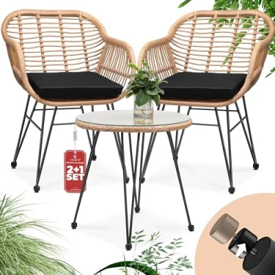 Abbildung von Casaria Balkonset Bali, (3 tlg), Rattan Optik 5cm Auflagen Wetterfest Sicherheitsglas Höhenverstellbar