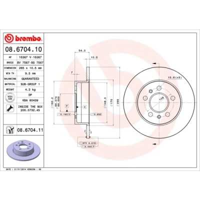Abbildung von BREMBO COATED DISC LINE 08.6704.11 Bremsscheibe 265 10,5 5 voll beschichtet mit Schrauben RENAULT: ESPACE 3, Avantime