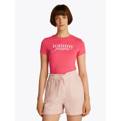Abbildung von Tommy Jeans Curve Rundhalsshirt Shirt TJW SLIM ESSENTIAL in Großen Größen, Logo Print auf Brusthöhe, mit Logostickerei
