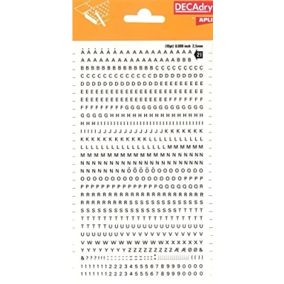 Abbildung von APLI DD21F Buchstaben und Zahlen übertragbar, schwarz. Ziffern 2,5 mm Schwarz