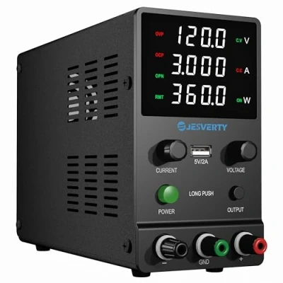 Abbildung von Labornetzteil, Jesverty Labornetzteil DC Regelbar Netzgerät(120V, 3A) mit hochpräzisem 4 stelligem LED Display, 5 V/2 A USB Port Testleitungsausgang, grobe und feine Einstellungen SPS 12003H