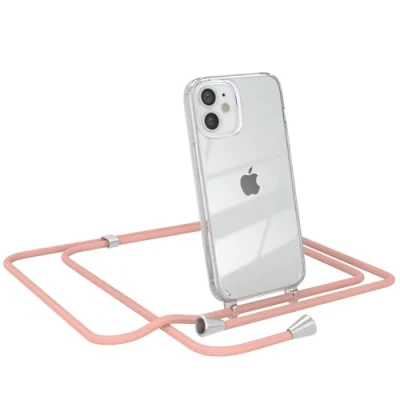 Abbildung von EAZY CASE Smartphone Necklace kompatibel mit iPhone 12 Mini, Tasche Kette Schultertasche Crossbody Bag, Handyhülle zum Umhängeband Kordel in komplett Alt Rosa Endstücken Silber
