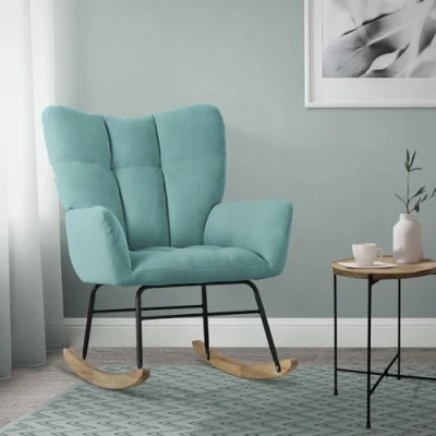 Abbildung von ML Design Schaukelsessel Salbei, Schaukelstuhl mit Frottee Optik Bezug, Gepolsterter Schwingsessel Holzkufen, Relaxsessel Armlehnen für Wohnzimmer/Schlafzimmer/Balkon, Relaxstuhl Ohrensessel