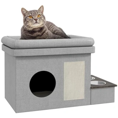 Abbildung von PawHut Tierbett Katzenhaus mit 2 Edelstahlnäpfen, Katzenbett Kissen, Kratzmatte, für Katzen und Hunde bis 8 kg, Polyester, 78 x 48 49.5 cm, Grau
