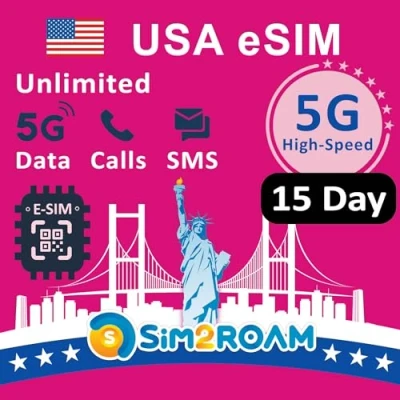 Abbildung von USA Prepaid eSIM KarteUnbegrenzte 5G/4G Daten in den (einschließlich Hawaii)+Low Speed Kanada und MexikoUnbegrenzte Anrufe SMS zwischen USA, CA MXWiederaufladbar (15 Tage)