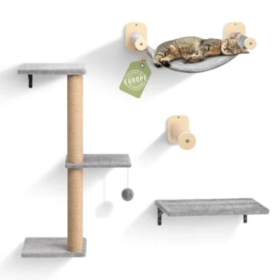 Abbildung von WOOWOOD® Kletterwand Katzen Set inkl. Katzentreppe Wand I Kratzbaum Hängematte Katze Wandkratzbaum Katzenmöbel Katzenwand (8 teilig)